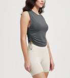 Women's Side Ruched Tee Sleeveless Shirts Crew Neck Tank Tops - ododos