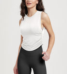 Women's Side Ruched Tee Sleeveless Shirts Crew Neck Tank Tops Milk White - ododos