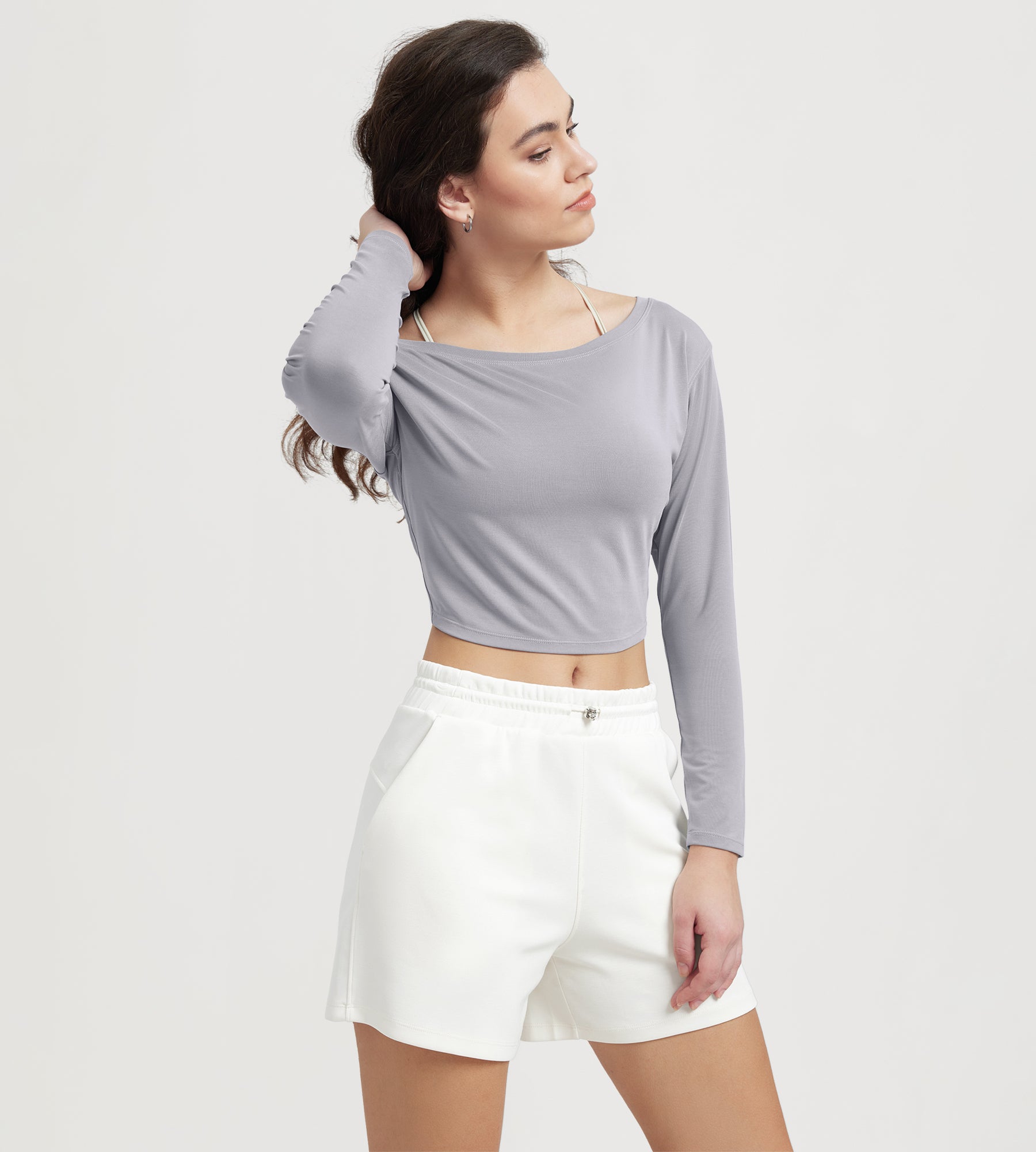 Women's Neck Cropped T-Shirts V-Waist Comfort Long Sleeve Tops - ododos