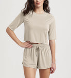Women's Relaxed Fit Cropped T-Shirt Short Sleeve Crew Neck Beige - ododos