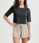 Women's Relaxed Fit Cropped T-Shirt Short Sleeve Crew Neck Black - ododos