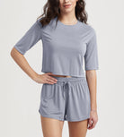 Women's Relaxed Fit Cropped T-Shirt Short Sleeve Crew Neck Grey Blue - ododos