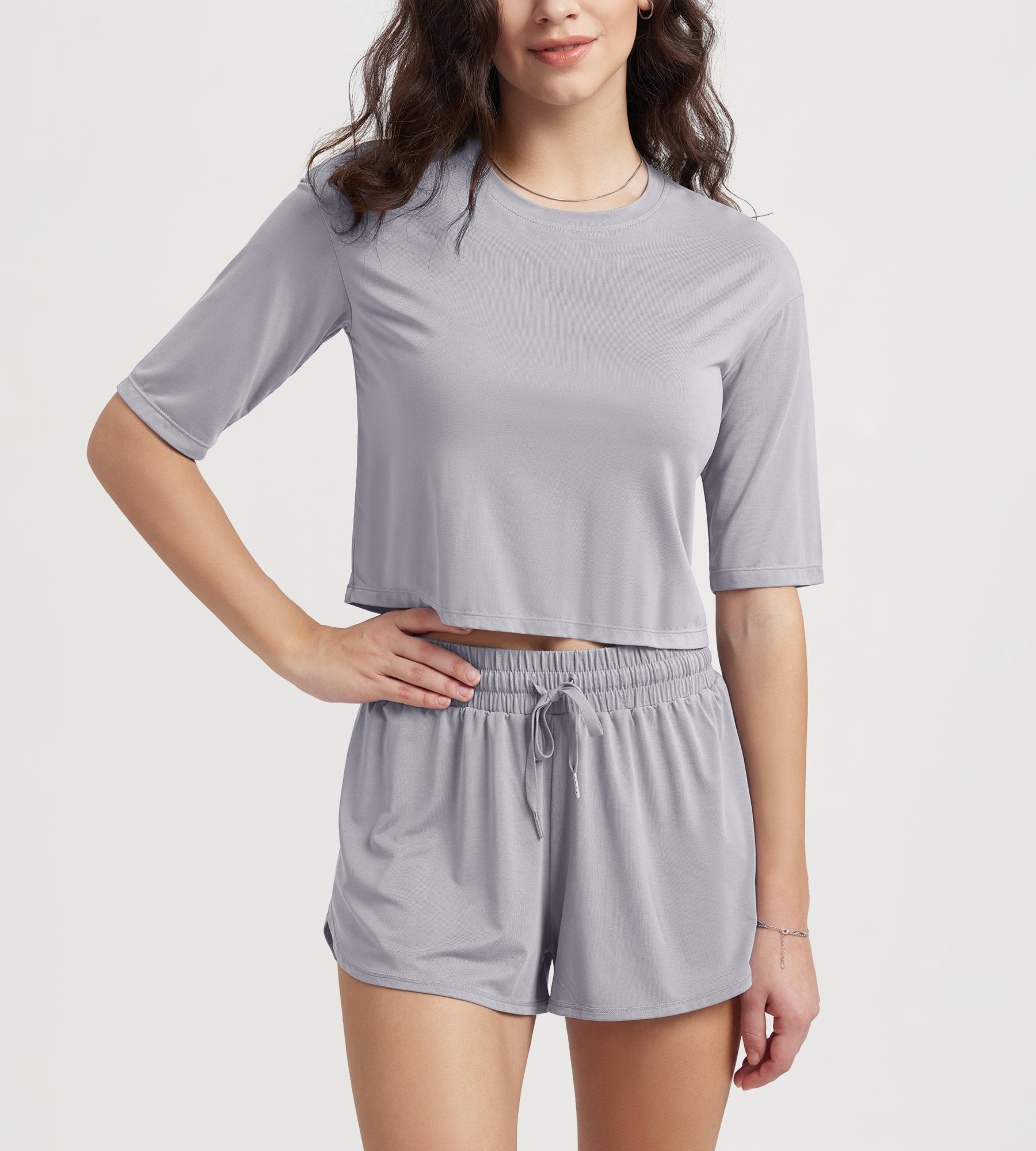 Women's Relaxed Fit Cropped T-Shirt Short Sleeve Crew Neck Light Gray - ododos