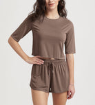 Women's Relaxed Fit Cropped T-Shirt Short Sleeve Crew Neck Tea Brown - ododos