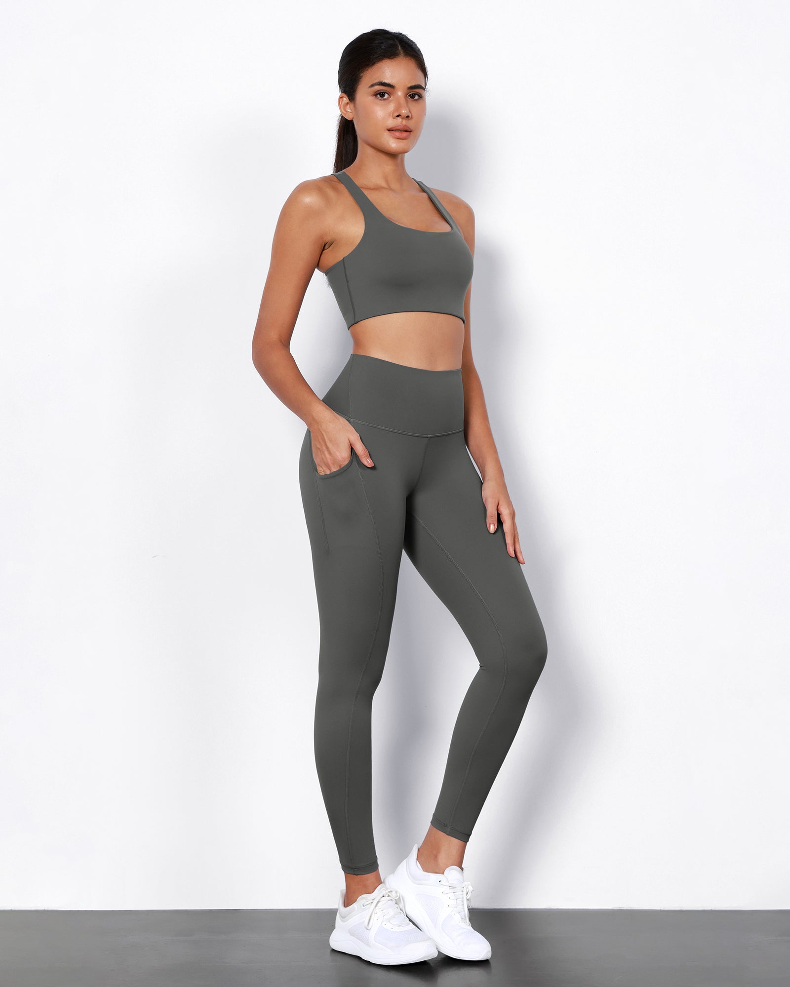 2-Pack 7/8 High Waist Workout Leggings with Pockets Black+Charcoal - ododos
