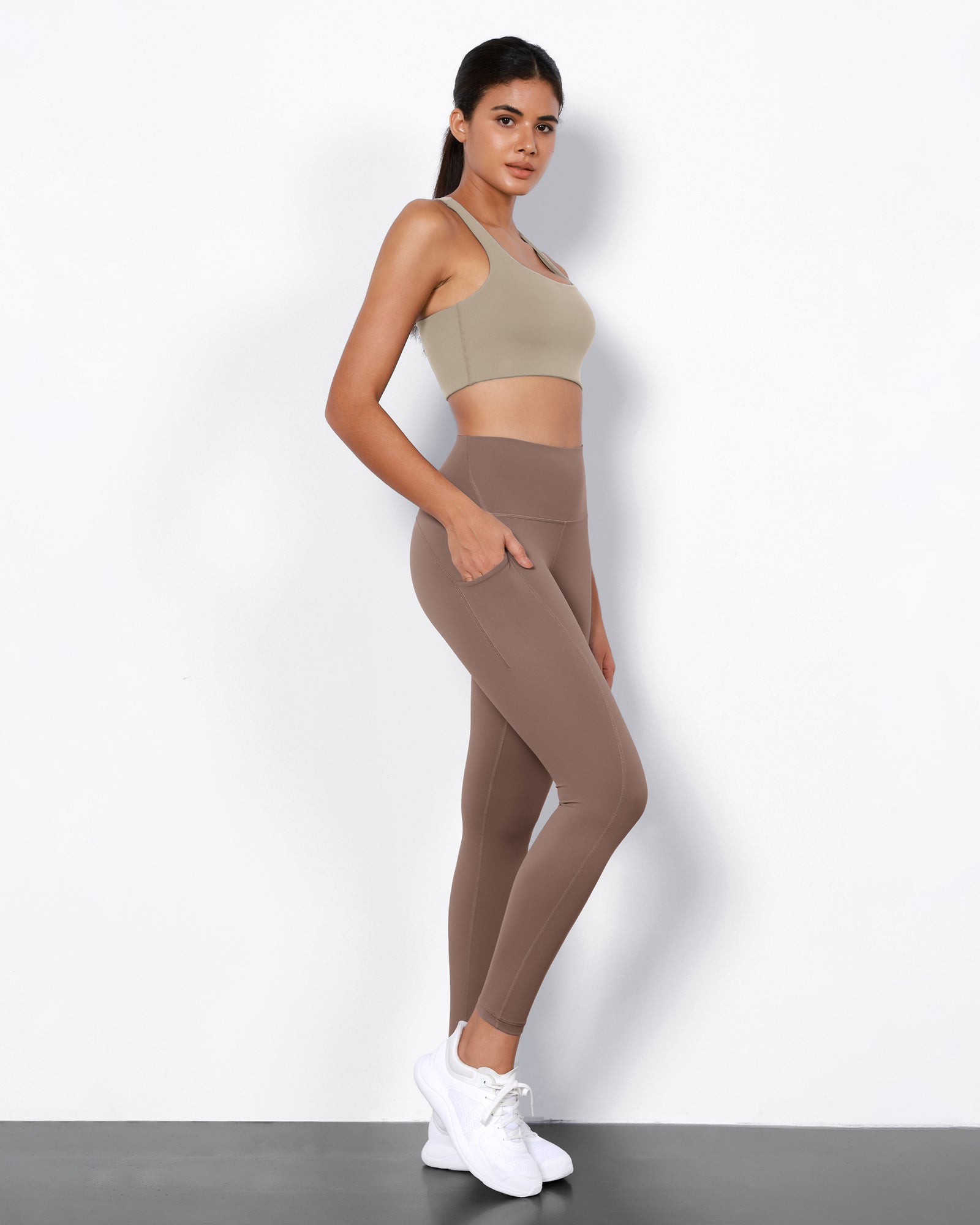 2-Pack 7/8 High Waist Workout Leggings with Pockets Black+Purple Taupe - ododos