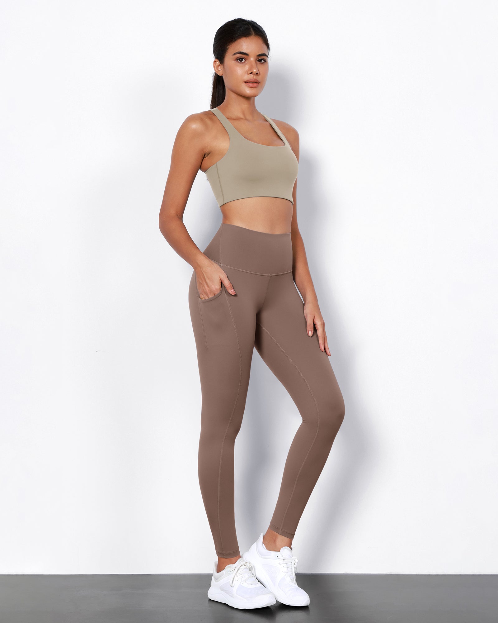 2-Pack 28" High Waist Workout Leggings with Pockets Black+Purple Taupe - ododos