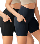 ODLEX 2-Pack 6" Inseam High Waist Workout Athletic Biker Shorts with Pockets Black+Deep Navy - ododos