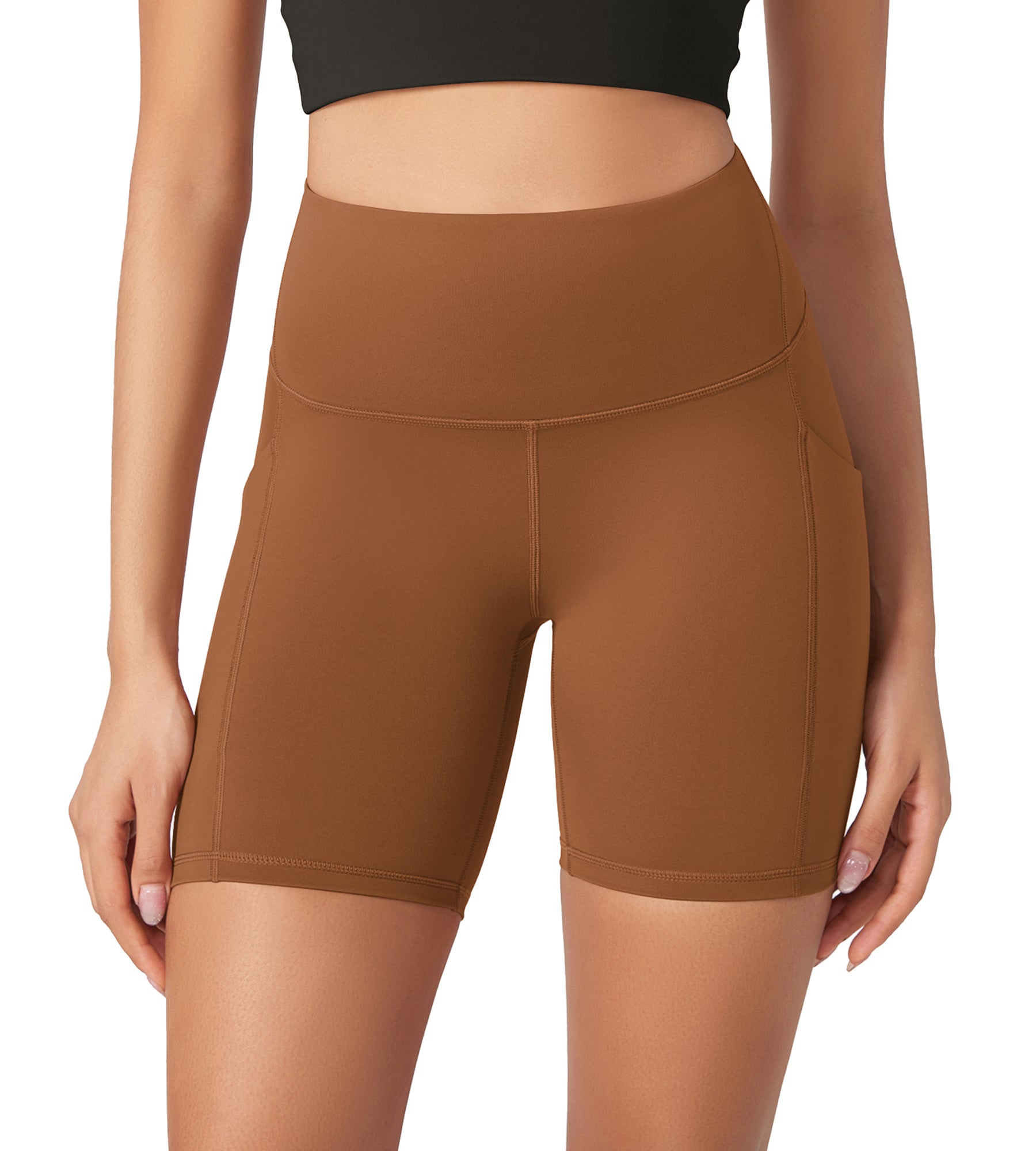 ODLEX 6" Inseam High Waist Workout Athletic Biker Shorts with Pockets Caramel - ododos
