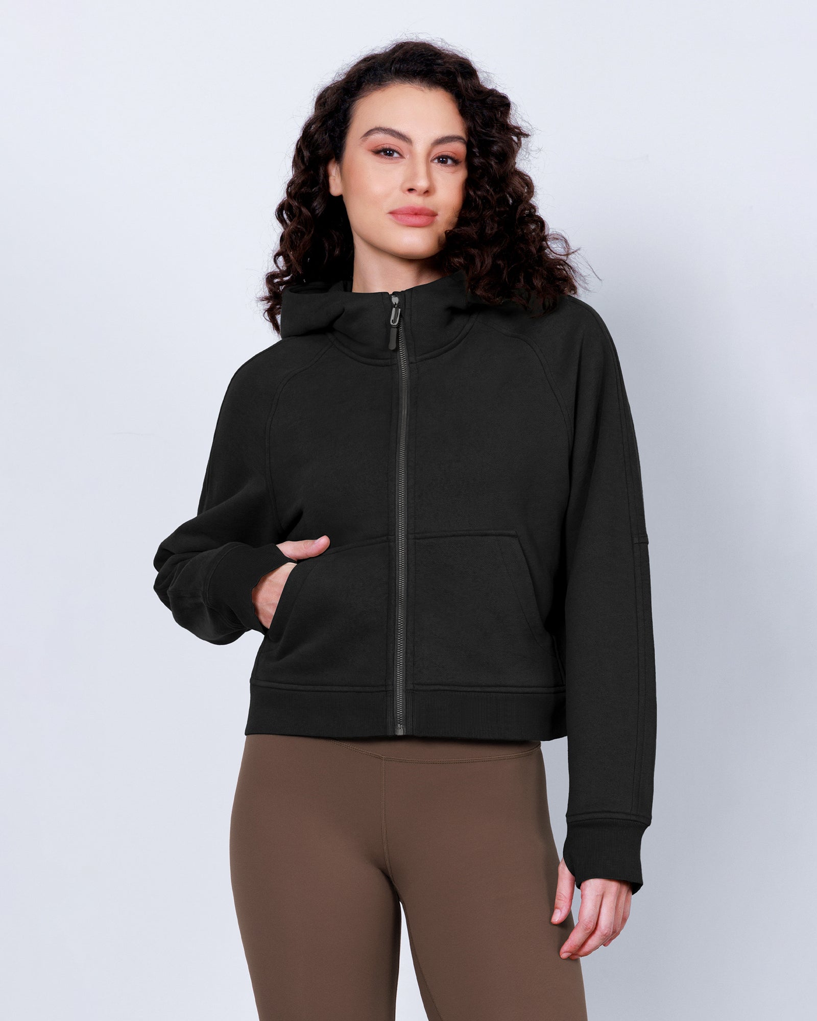Women's Full Zipper Fleece Lined Cropped Hoodie Black - ododos