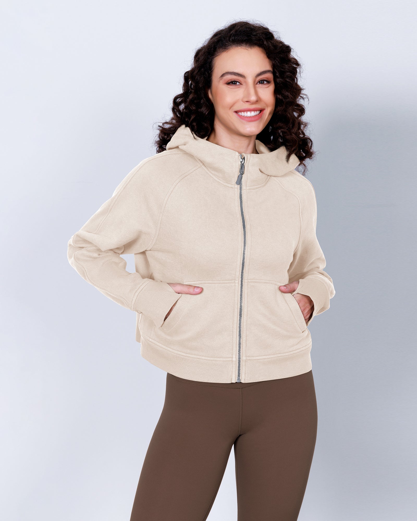 Women's Full Zipper Fleece Lined Cropped Hoodie Cream - ododos