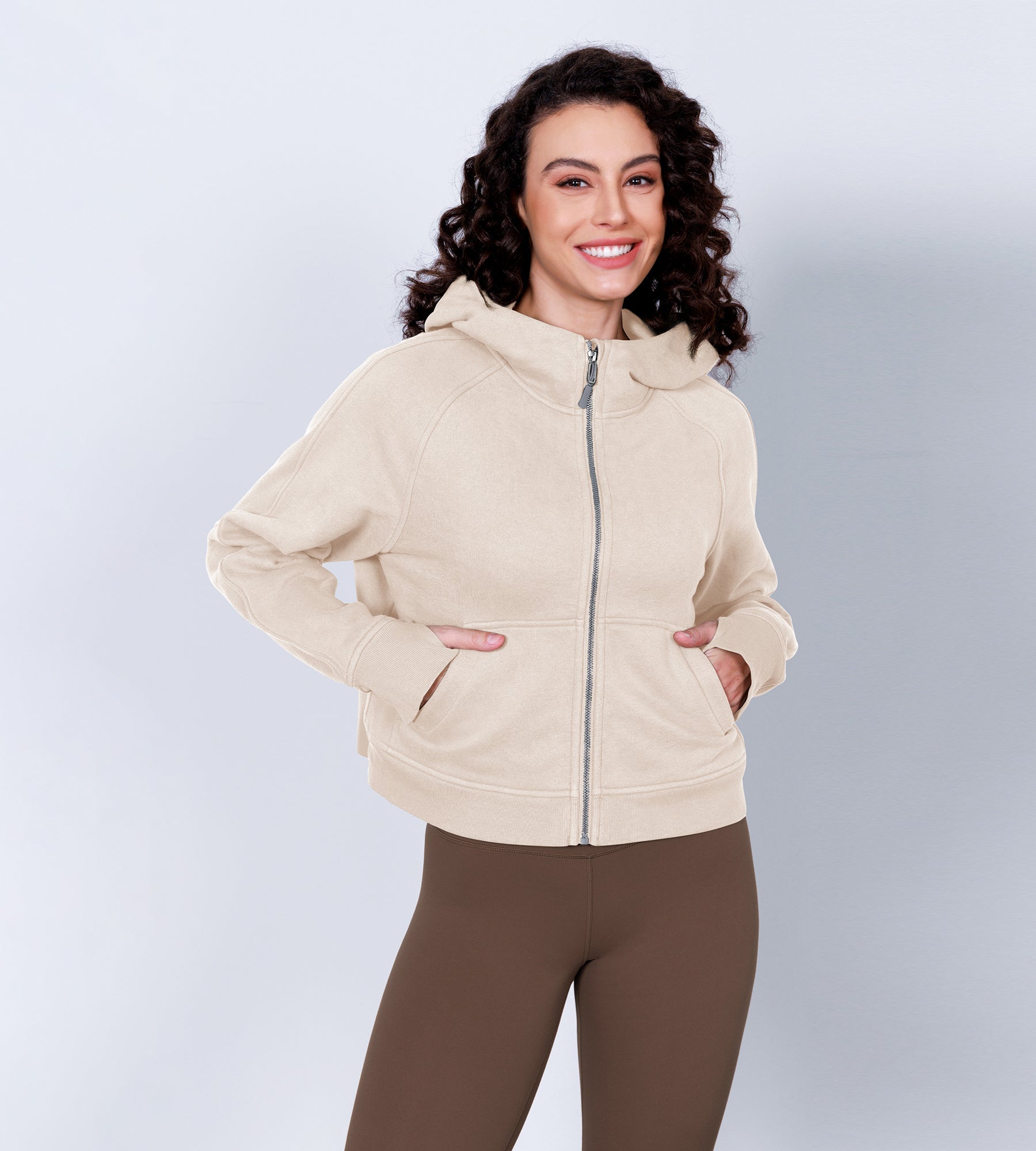 Women's Full Zipper Fleece Lined Cropped Hoodie Cream - ododos
