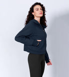 Women's Full Zipper Fleece Lined Cropped Hoodie Deep Navy - ododos