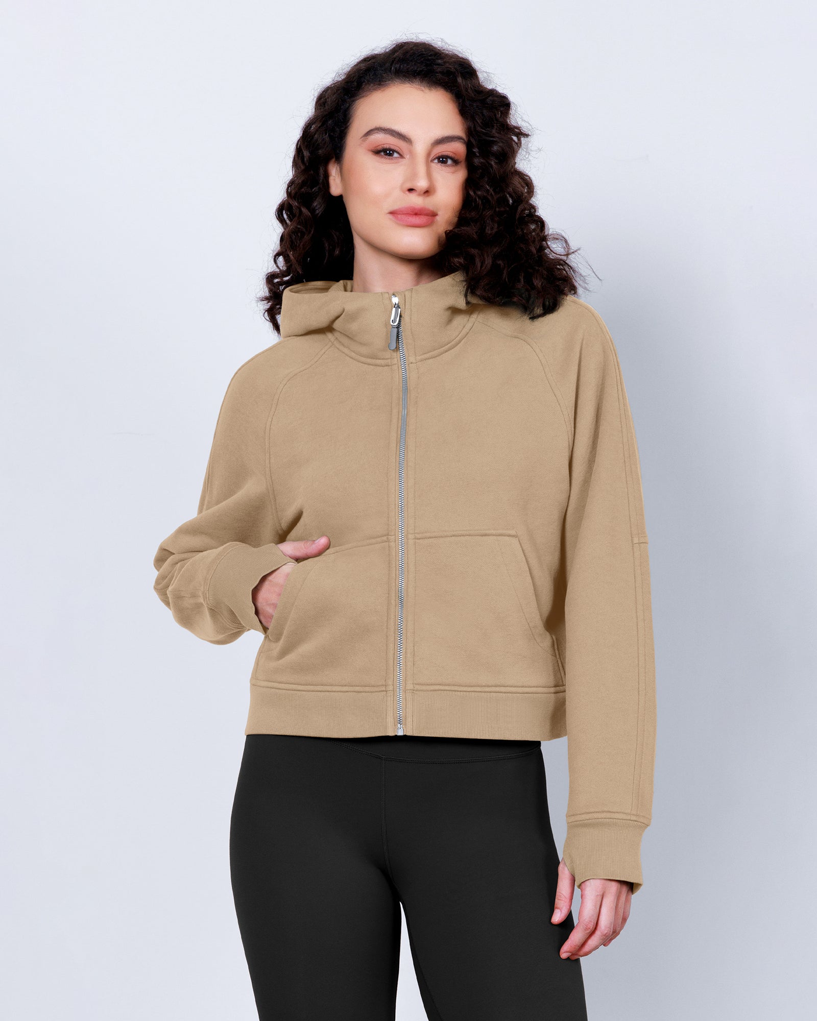 Women's Full Zipper Fleece Lined Cropped Hoodie Khaki - ododos