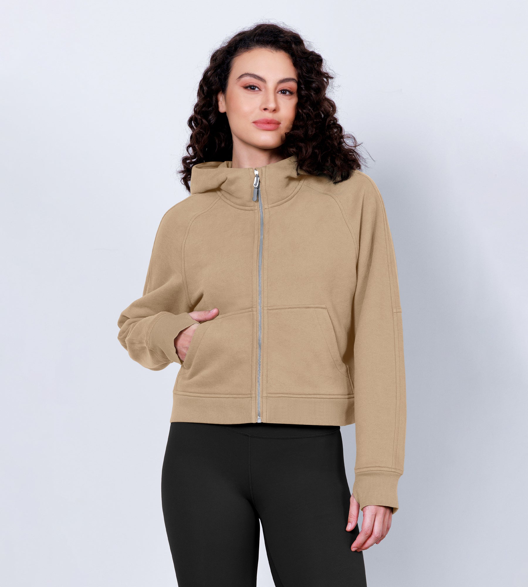 Women's Full Zipper Fleece Lined Cropped Hoodie Khaki - ododos
