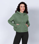 Women's Full Zipper Fleece Lined Cropped Hoodie Medium Olive - ododos
