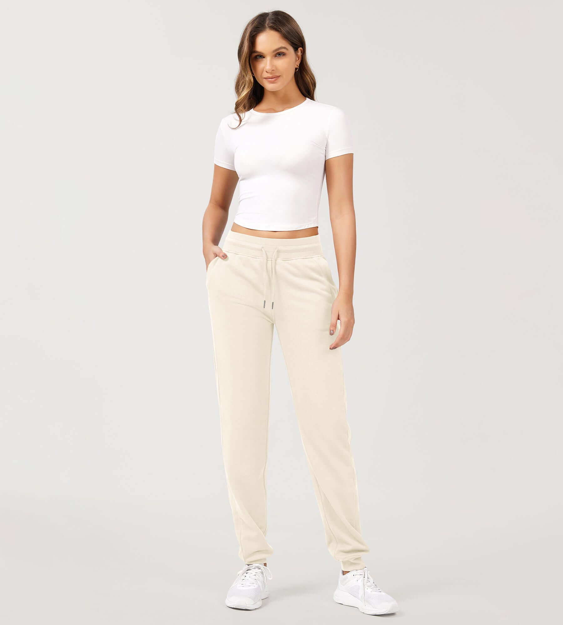 Cotton French Terry Drawstring Casual Sweatpants Cream - ododos