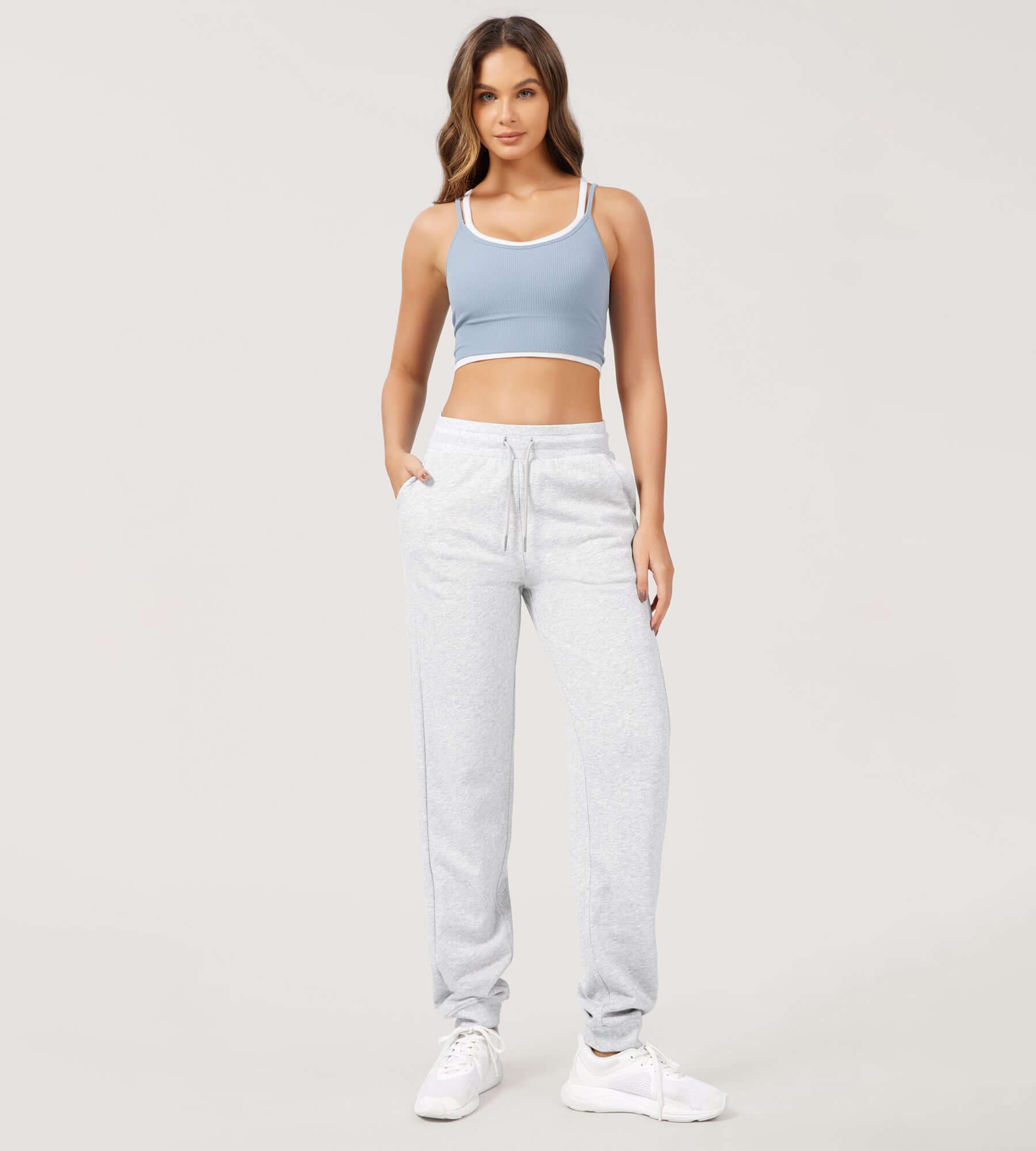 Cotton French Terry Drawstring Casual Sweatpants Heather White - ododos