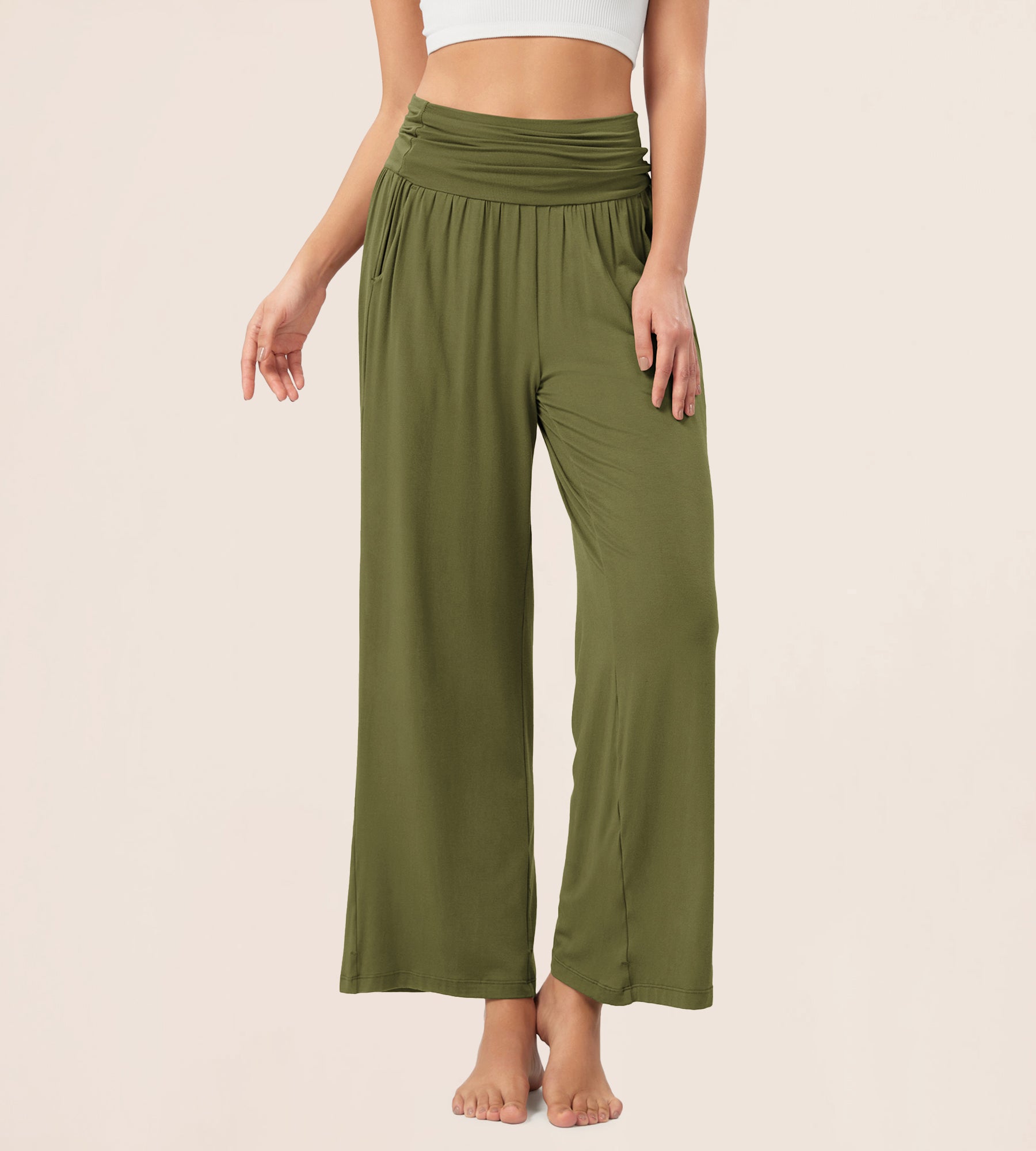 26" Wide Leg Palazzo Loose Comfy Lounge Pants with Pockets Army Green - ododos