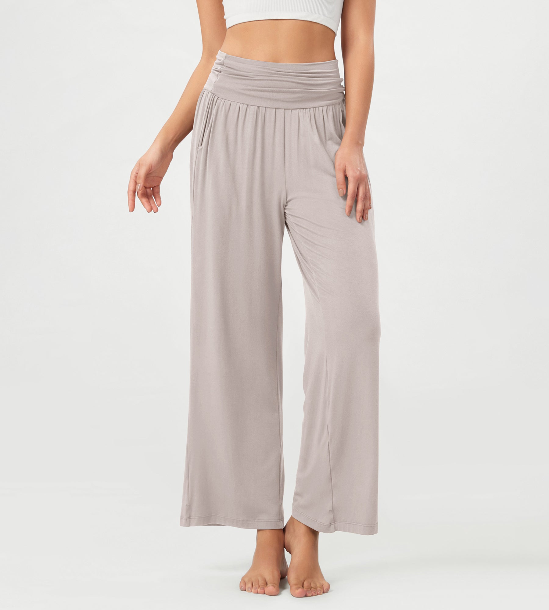 26" Wide Leg Palazzo Loose Comfy Lounge Pants with Pockets Light Beige - ododos