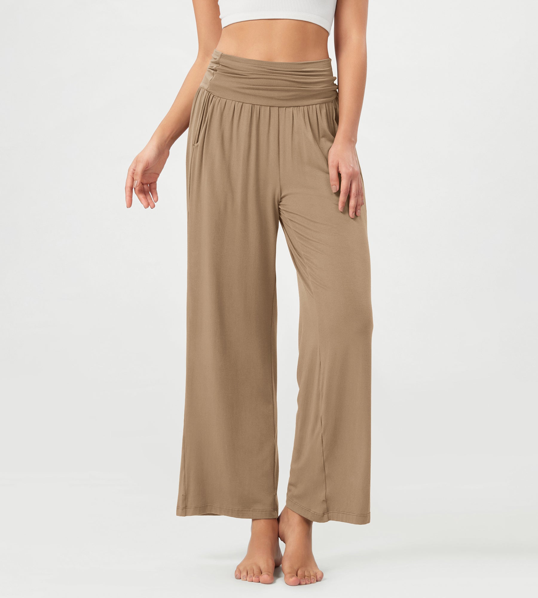 26" Wide Leg Palazzo Loose Comfy Lounge Pants with Pockets Peanut - ododos