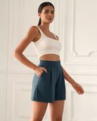 Modal Soft High Waist Wide Leg Shorts with Pockets Deep Blue 4 inches - ododos