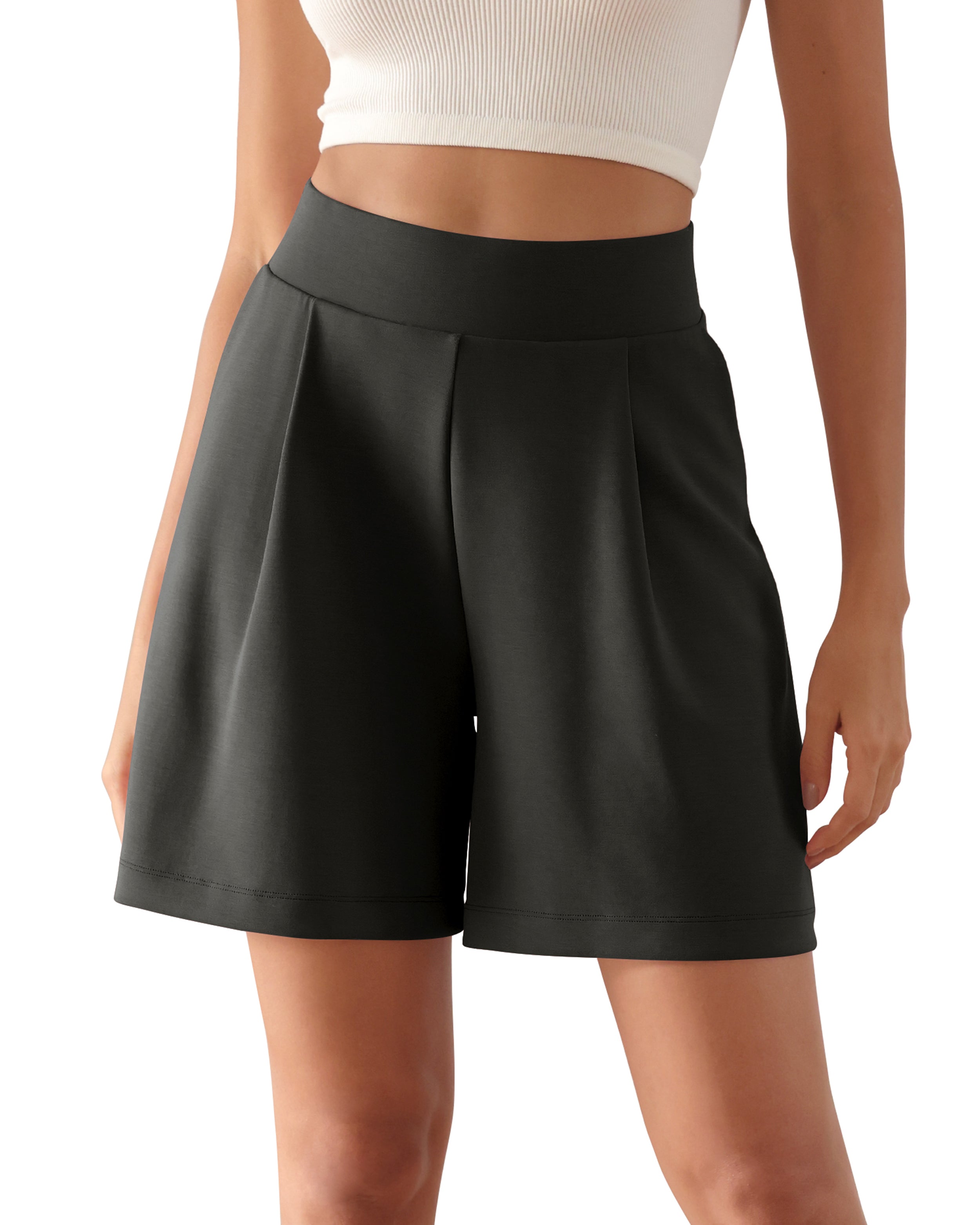 Modal Soft High Waist Wide Leg Shorts with Pockets Black 6 inch - ododos