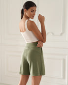 Modal Soft High Waist Wide Leg Shorts with Pockets Dark Sage 6 inches - ododos