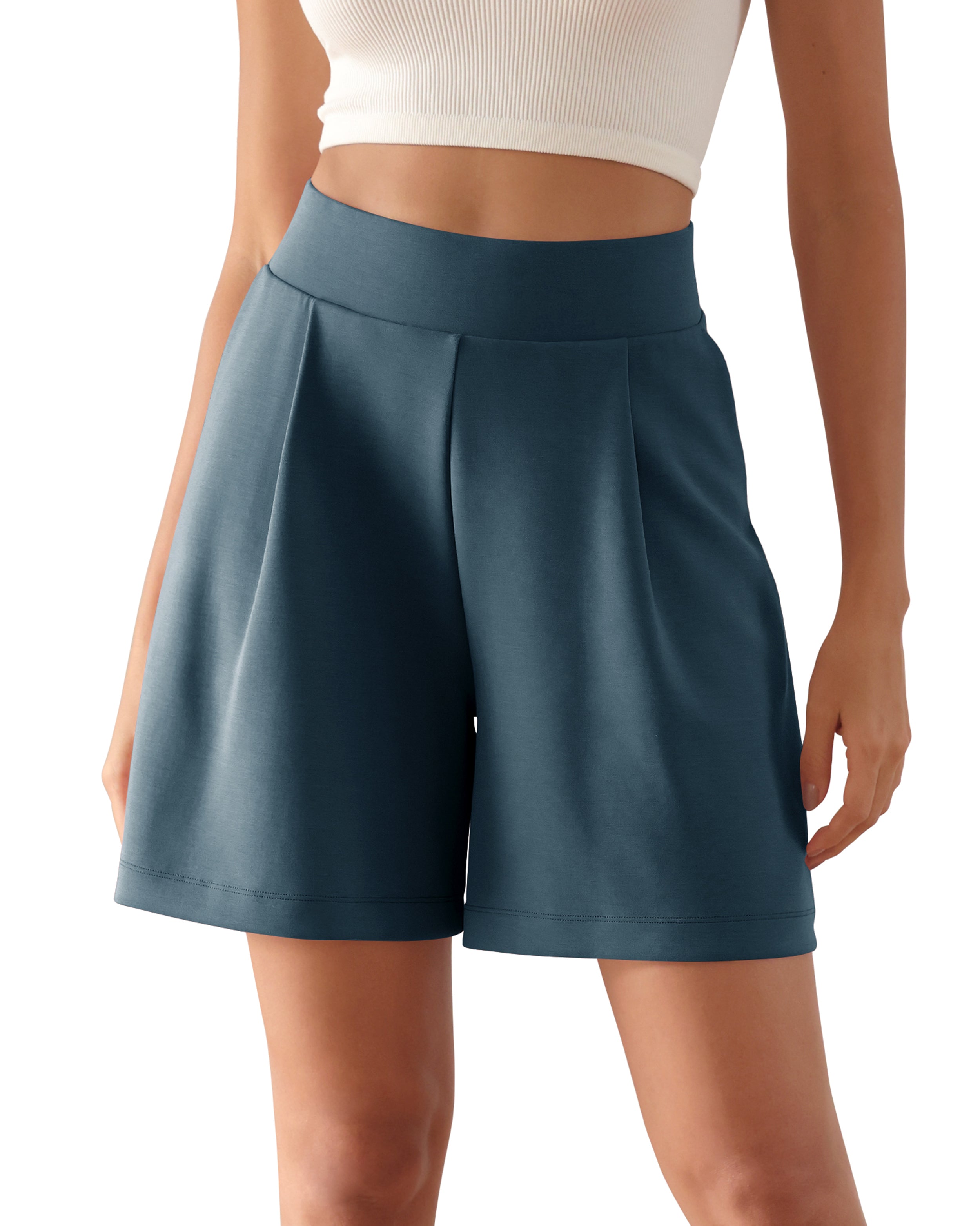 Modal Soft High Waist Wide Leg Shorts with Pockets Deep Blue 6 inch - ododos