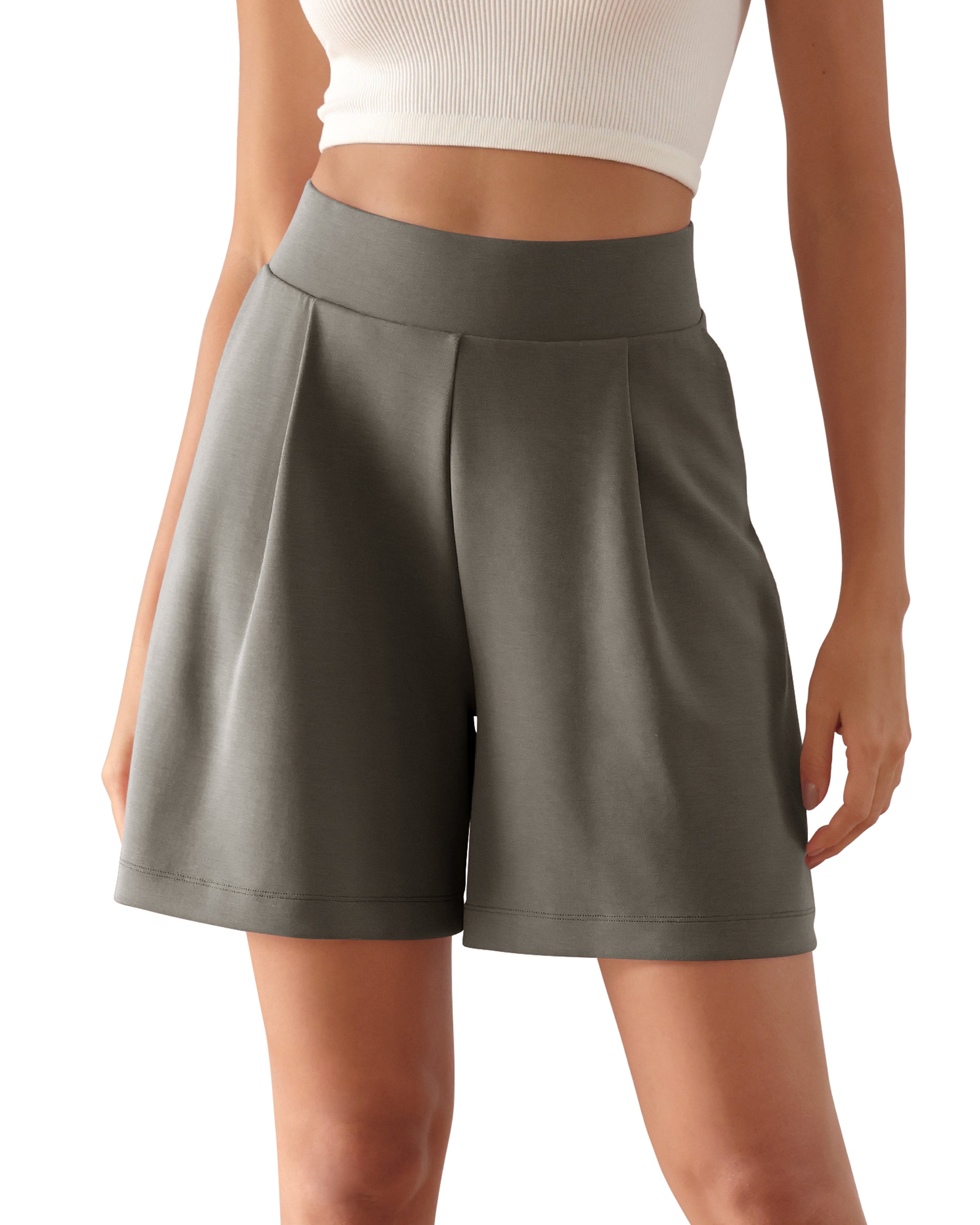 Modal Soft High Waist Wide Leg Shorts with Pockets Deep Grey 6 inch - ododos