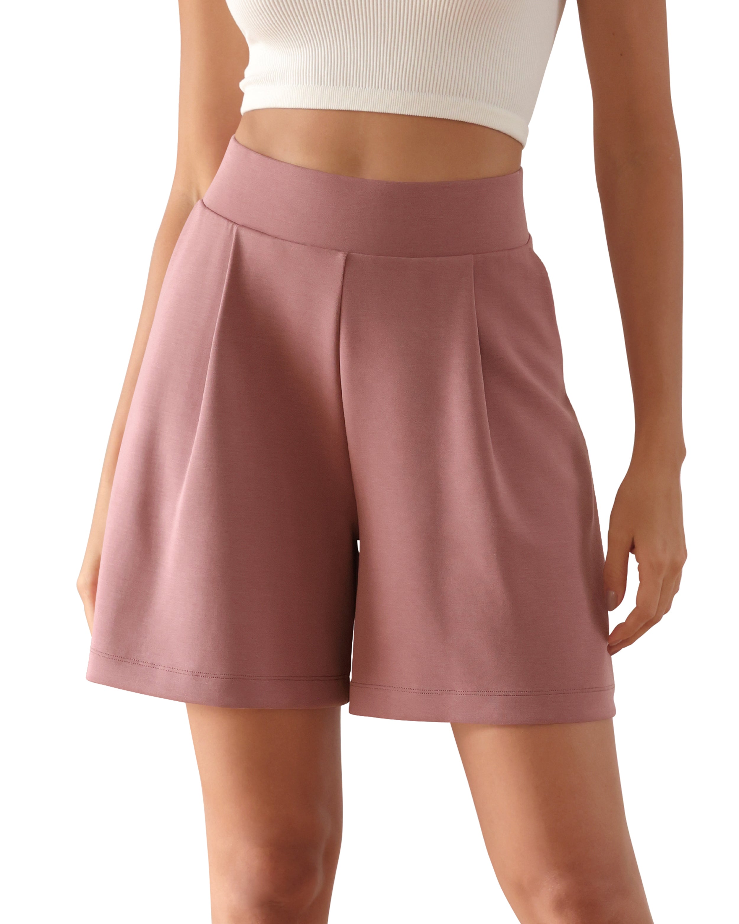 Modal Soft High Waist Wide Leg Shorts with Pockets Mauve Pink 6 inch - ododos