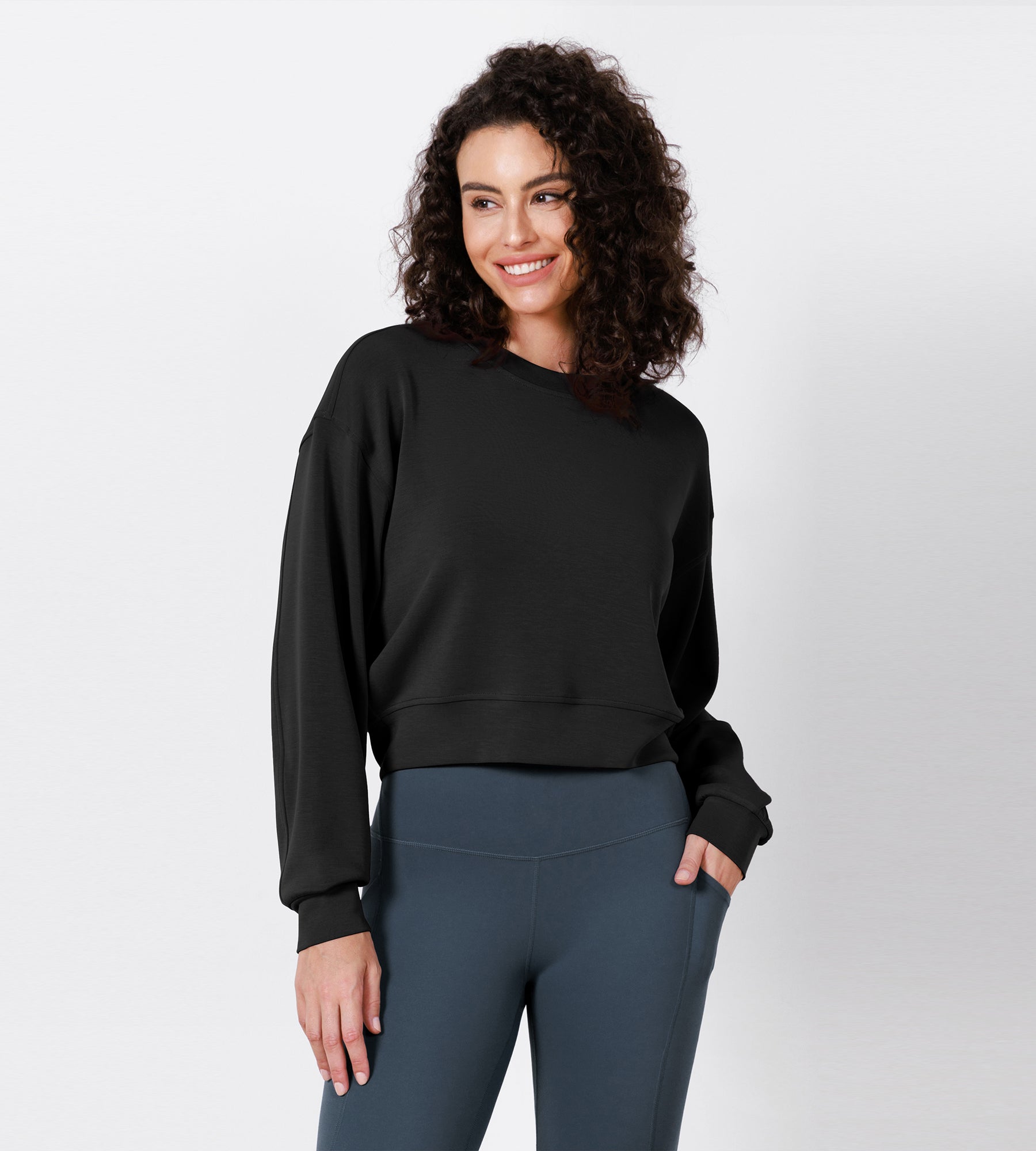 Modal Soft Long Sleeve Cropped Sweatshirts Black - ododos