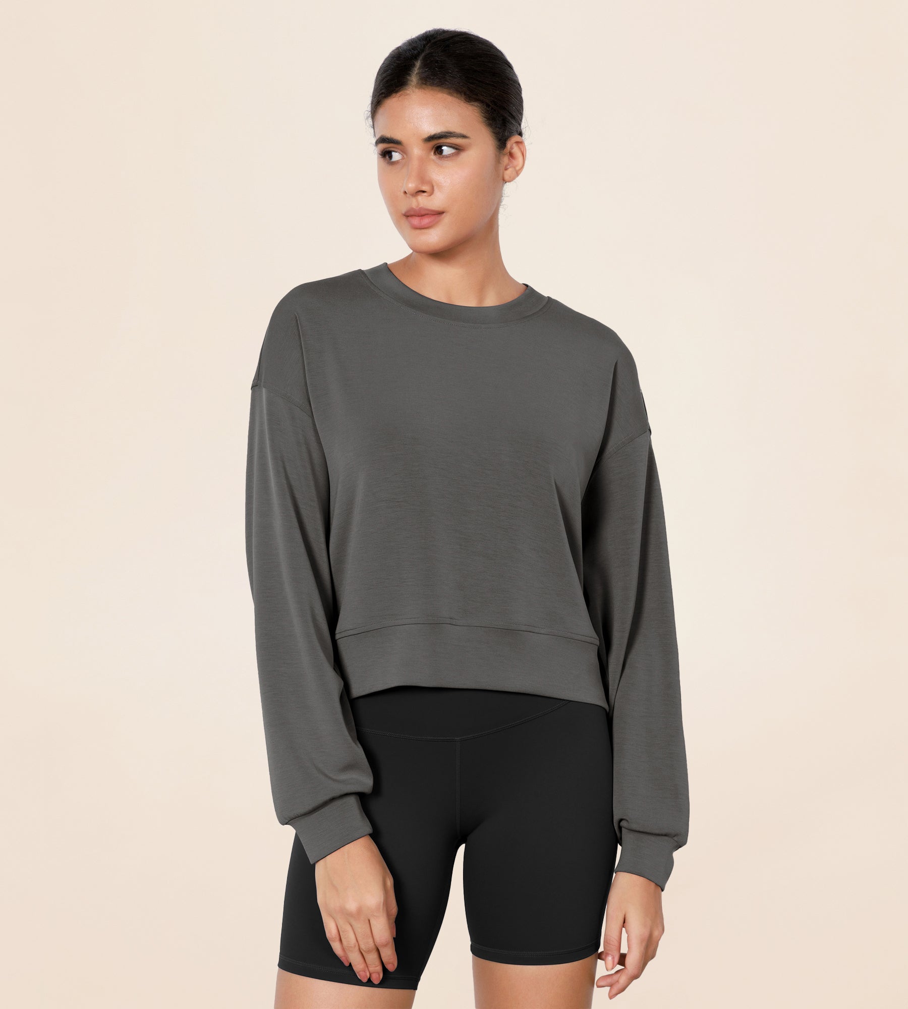 Modal Soft Long Sleeve Cropped Sweatshirts Charcoal - ododos