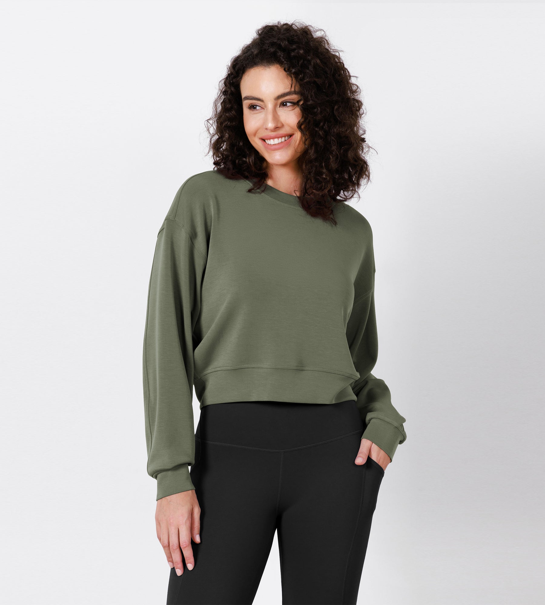 Modal Soft Long Sleeve Cropped Sweatshirts Dark Sage - ododos