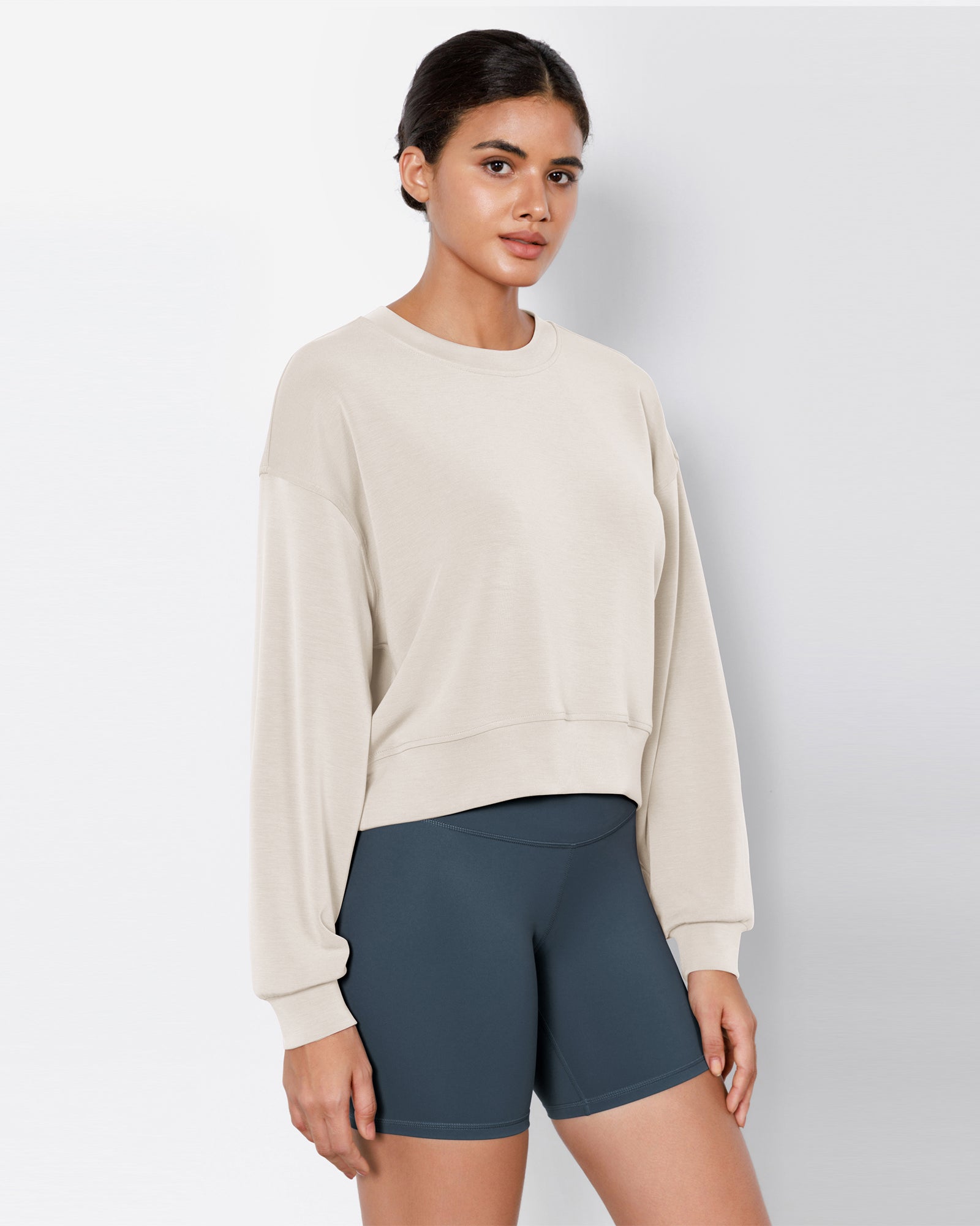 Modal Soft Long Sleeve Cropped Sweatshirts Ivory - ododos