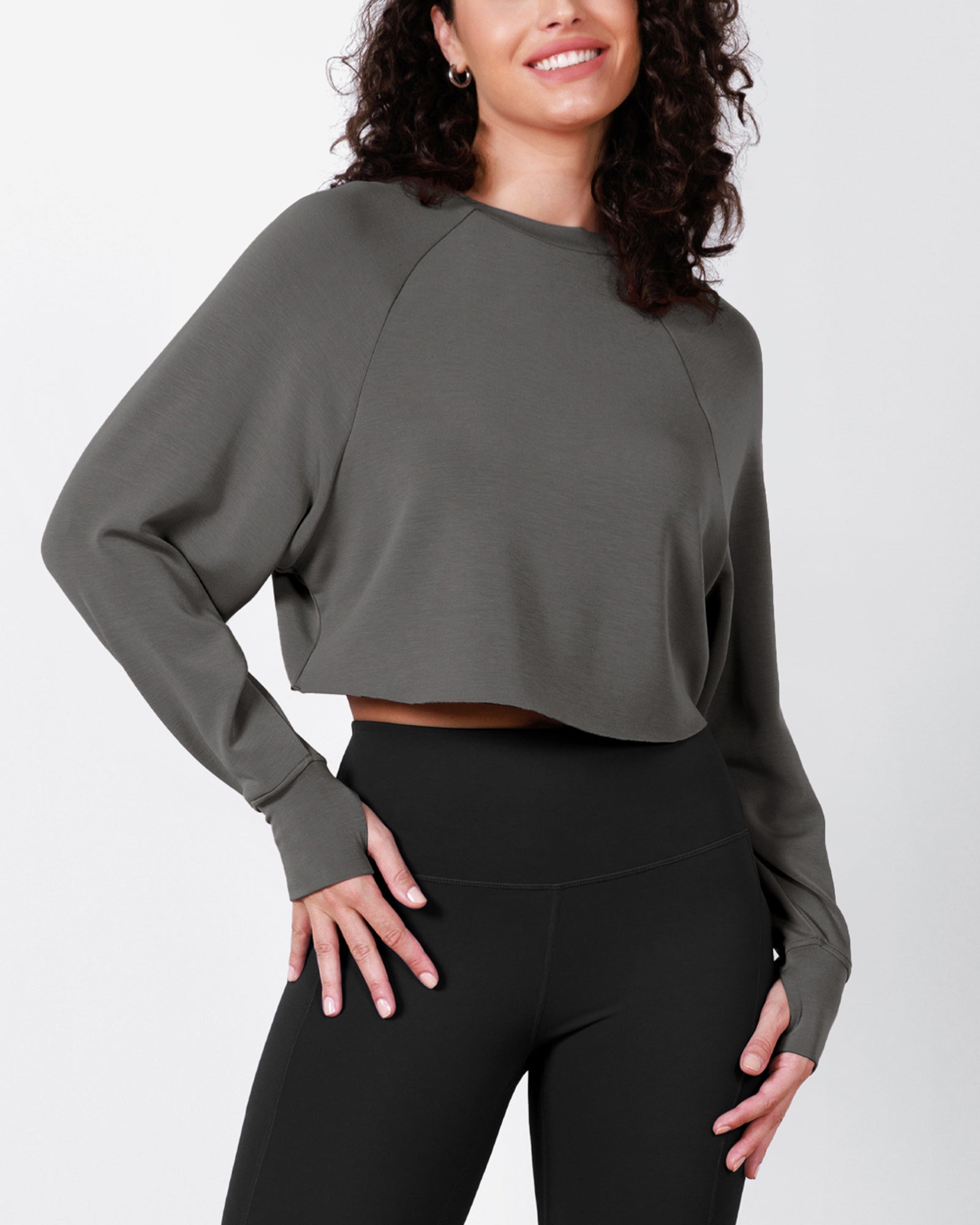 Modal Soft Long Sleeve Cropped Sweatshirts with Thumb Hole Charcoal - ododos