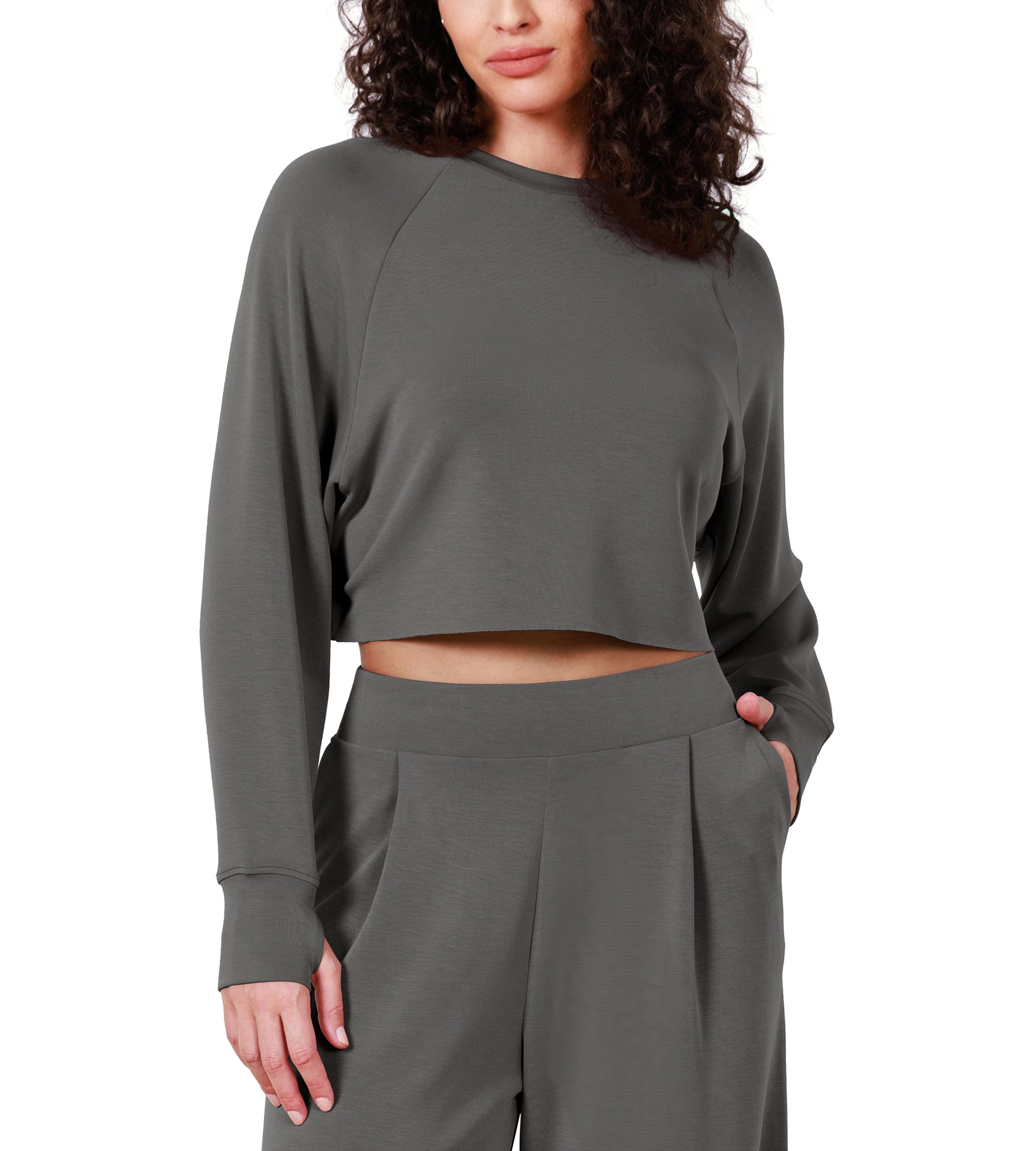Modal Soft Long Sleeve Cropped Sweatshirts with Thumb Hole - ododos