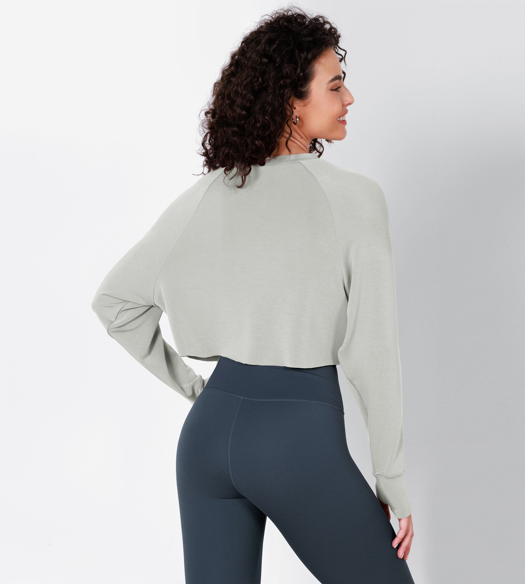 Modal Soft Long Sleeve Cropped Sweatshirts with Thumb Hole Frosted Mint - ododos