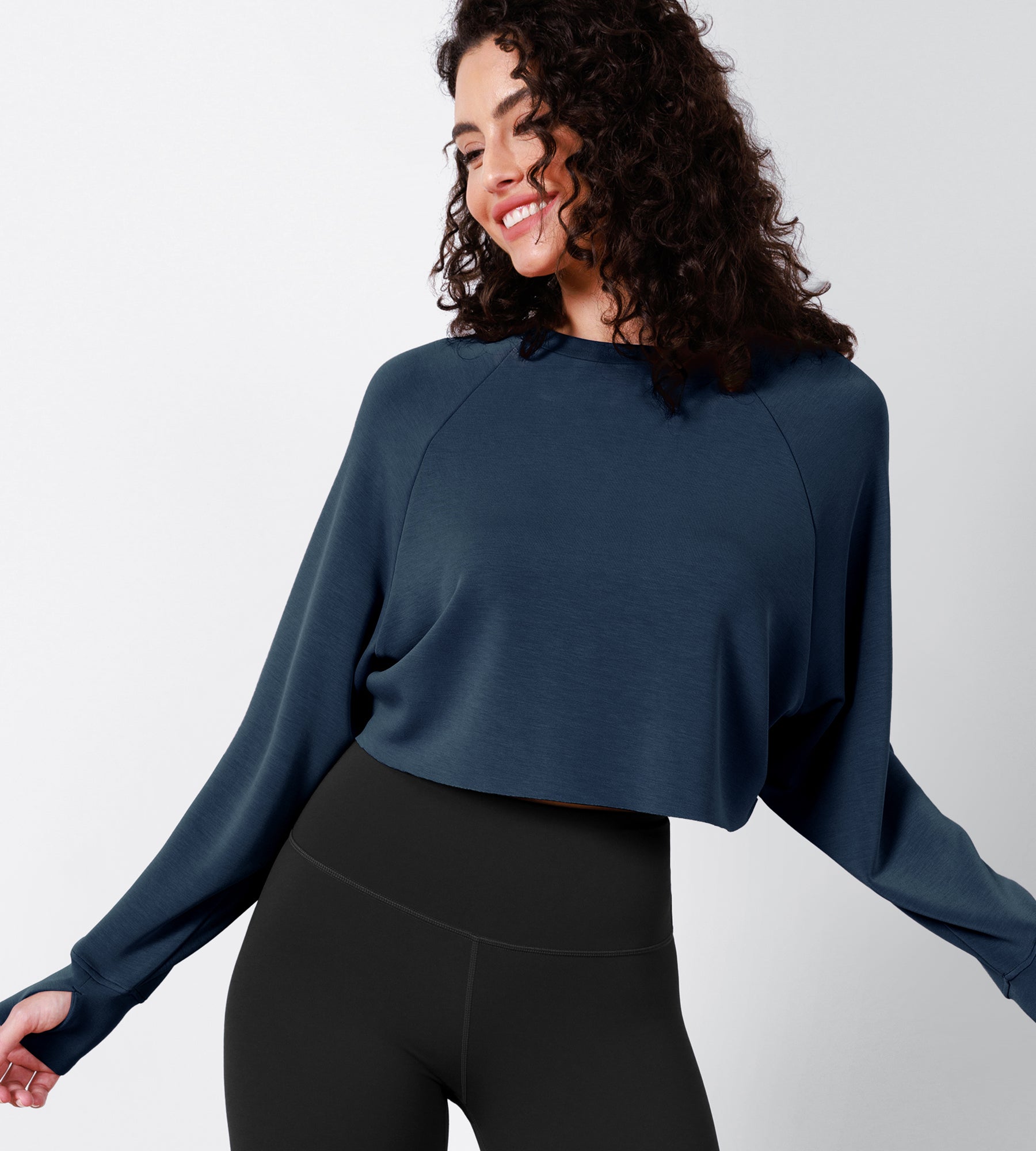 Modal Soft Long Sleeve Cropped Sweatshirts with Thumb Hole Navy - ododos