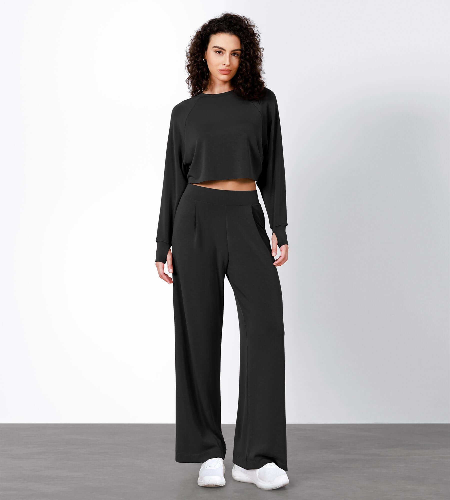 Modal Soft High Waist Wide Leg Casual Pants with Pockets Black - ododos