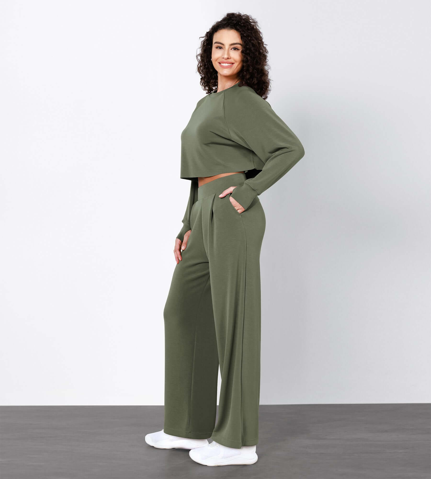 Modal Soft High Waist Wide Leg Casual Pants with Pockets Dark Sage - ododos