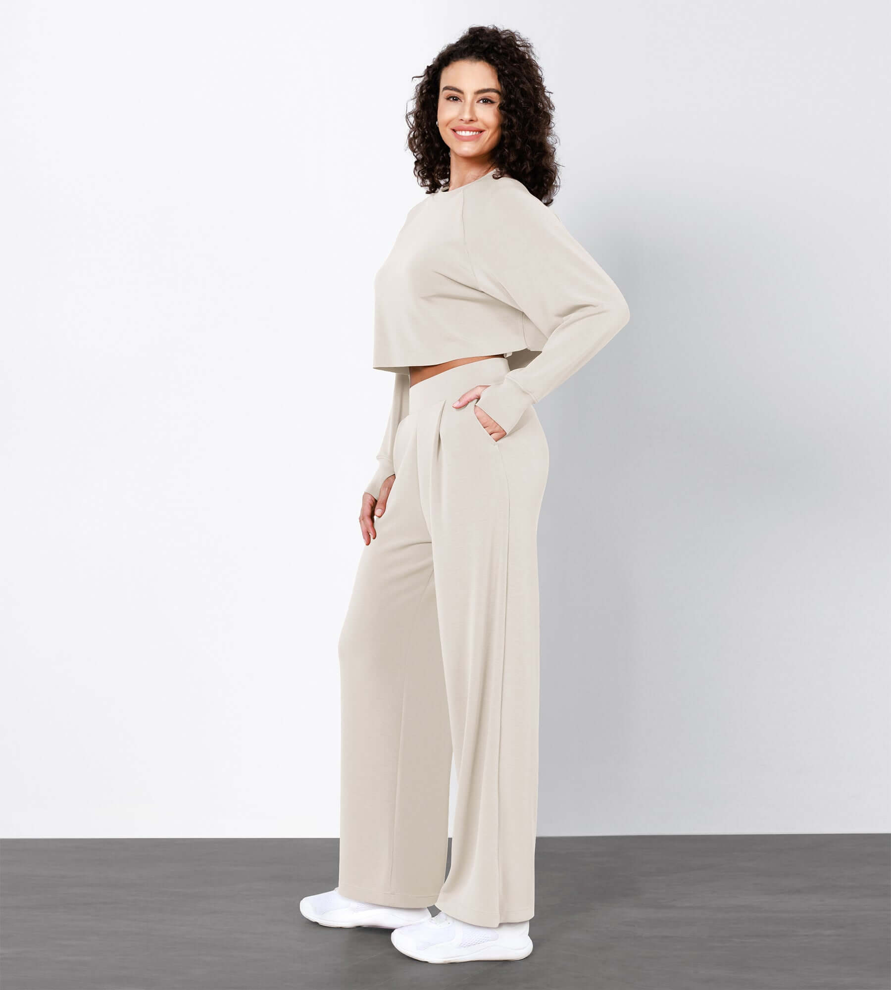 Modal Soft High Waist Wide Leg Casual Pants with Pockets Ivory - ododos