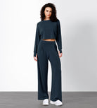 Modal Soft High Waist Wide Leg Casual Pants with Pockets Navy - ododos