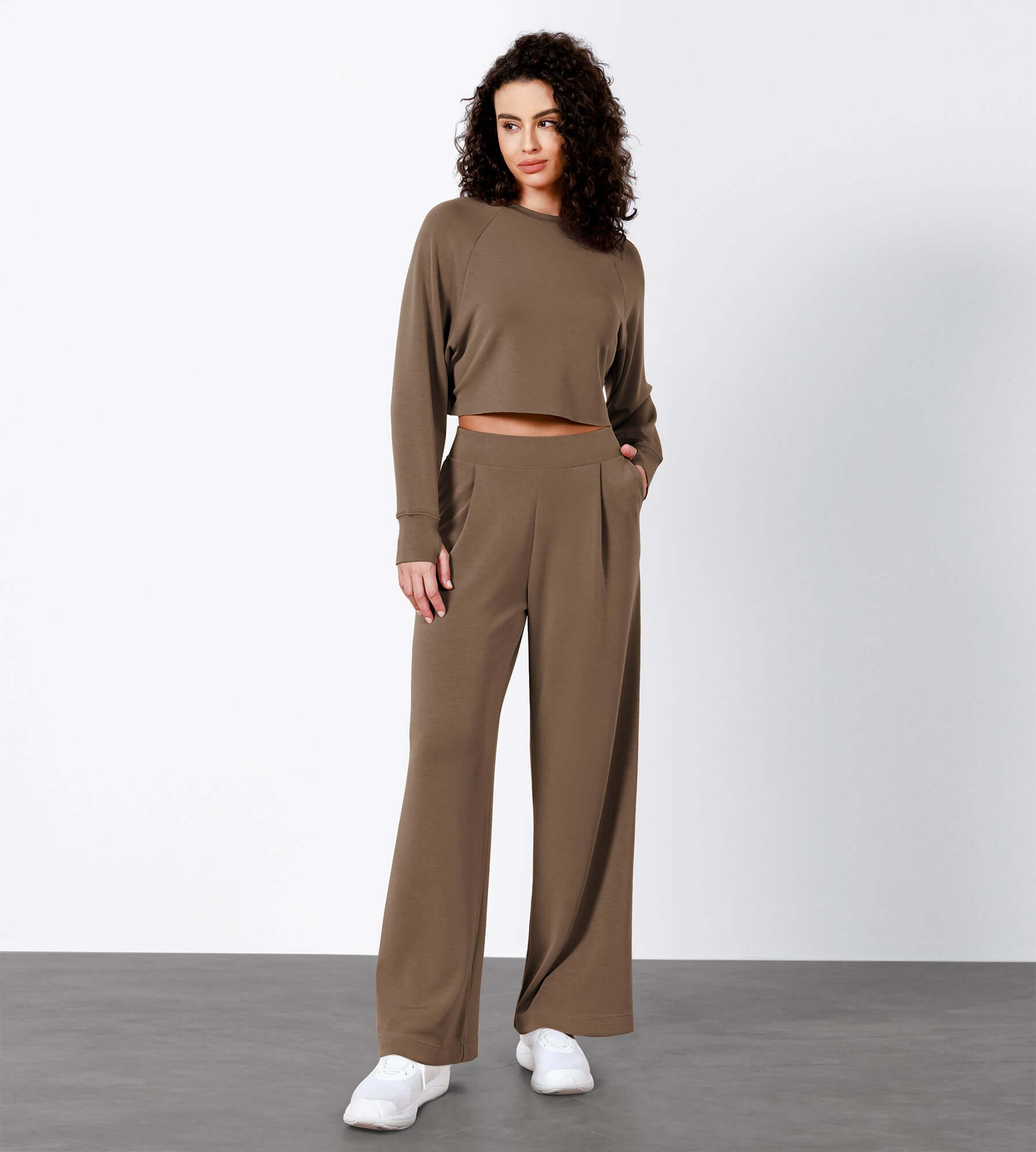 Modal Soft High Waist Wide Leg Casual Pants with Pockets Nutria - ododos