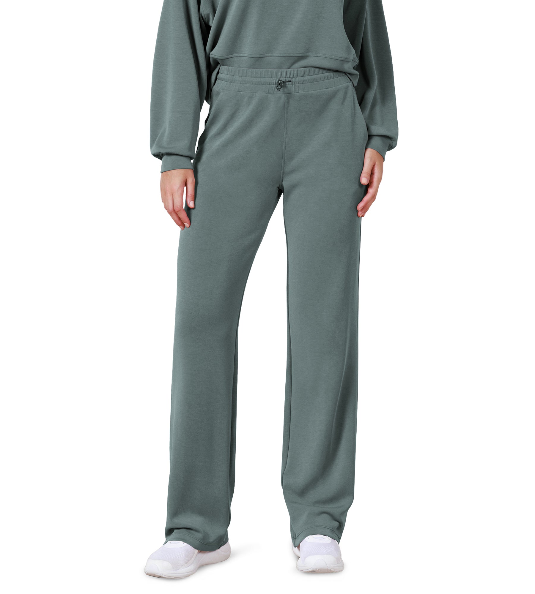 27" Adjustable Shockcord High Waist Casual Lounge Pants with Pockets Slate Green - ododos