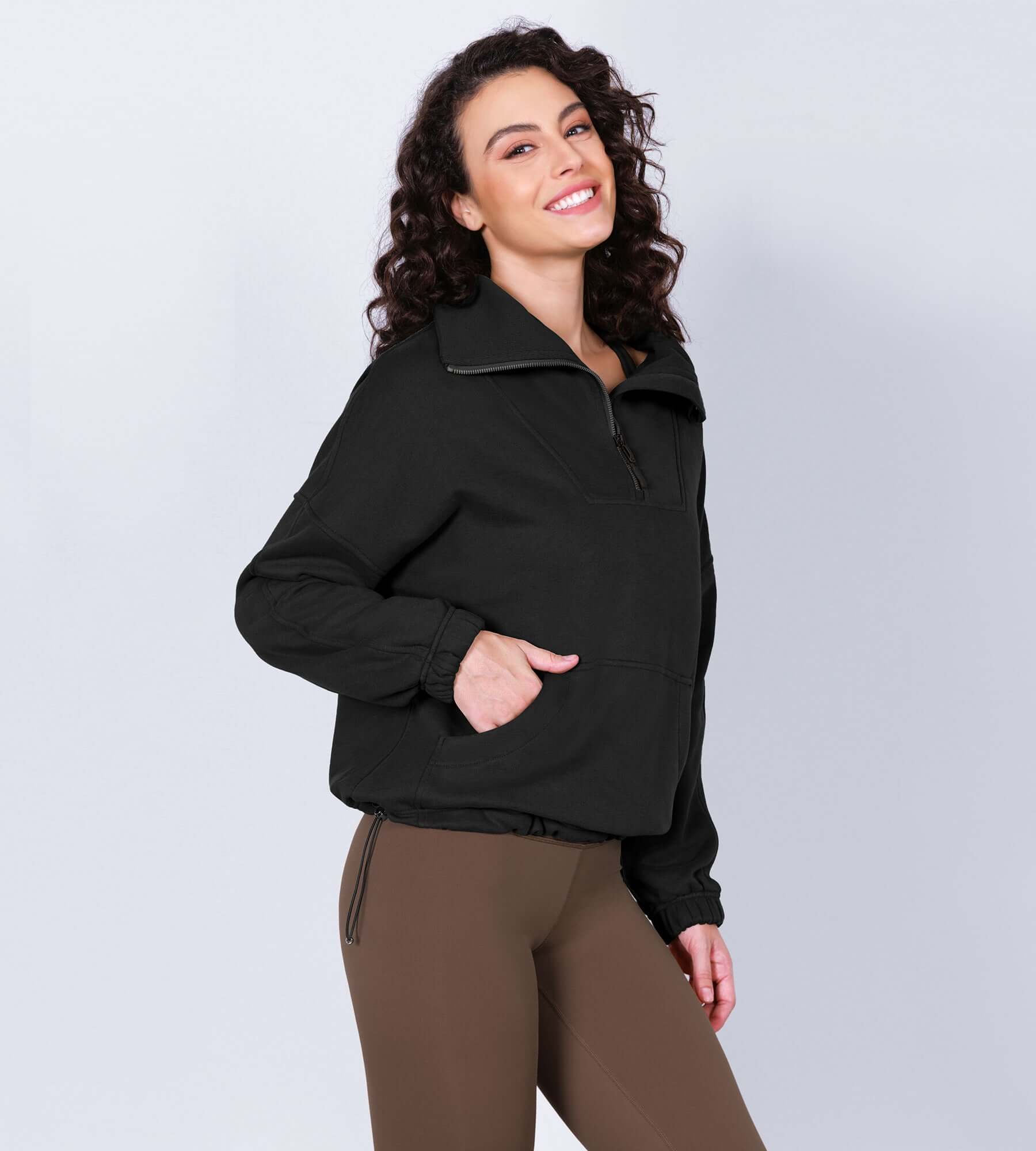 Funnel Neck Half Zipper Fleece Lined Hoodie - ododos