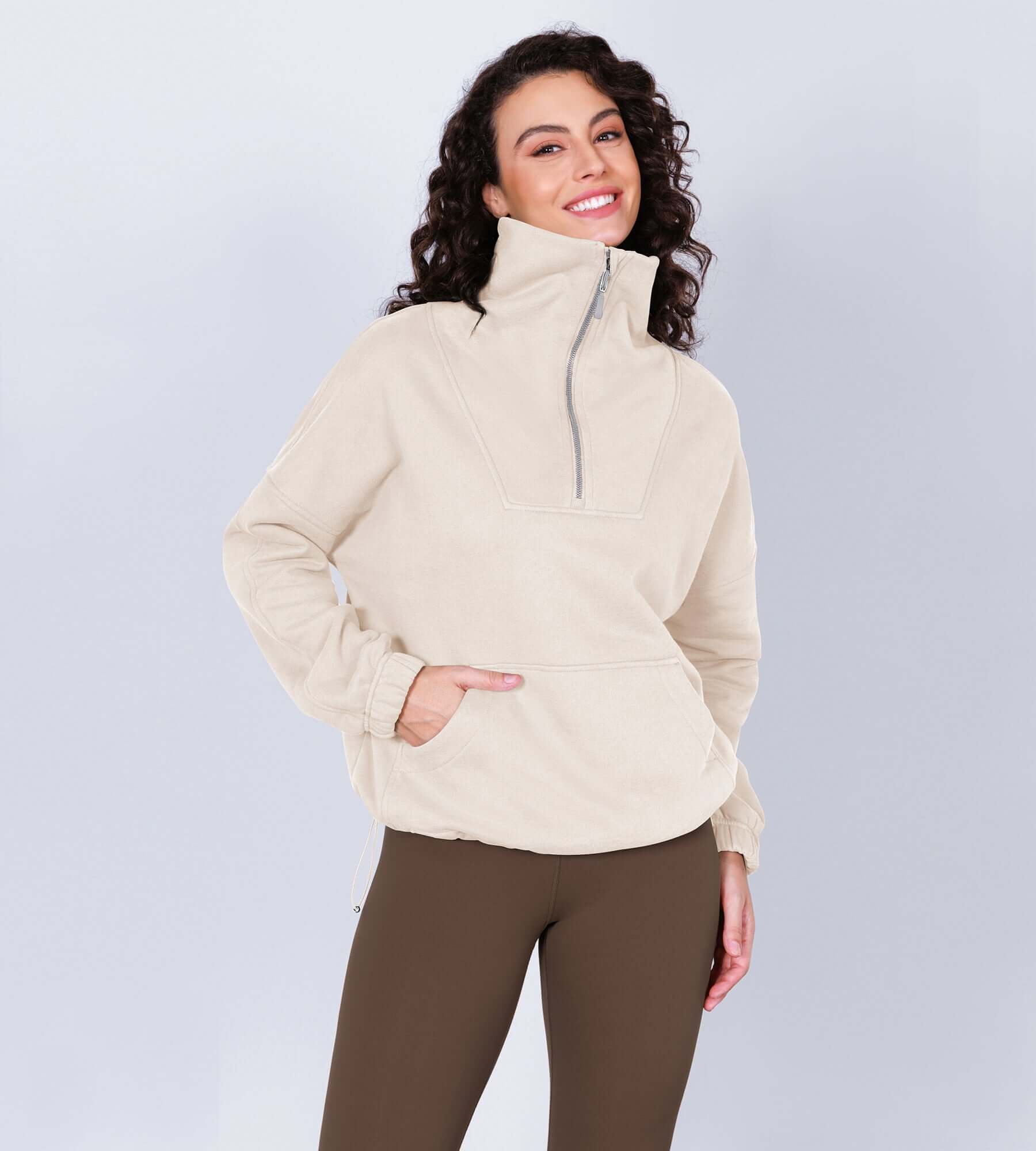 Funnel Neck Half Zipper Fleece Lined Hoodie Cream - ododos