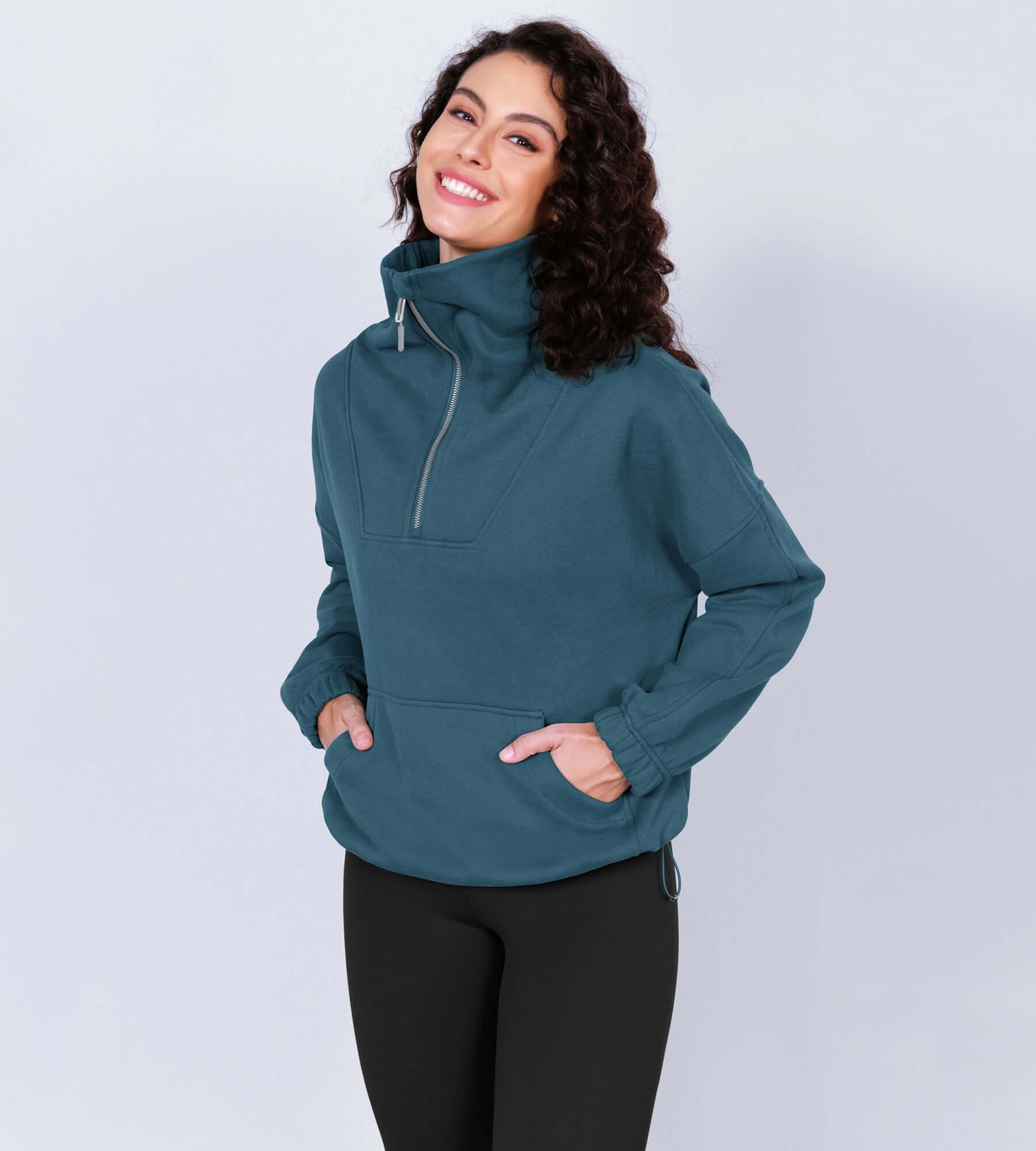 Funnel Neck Half Zipper Fleece Lined Hoodie - ododos