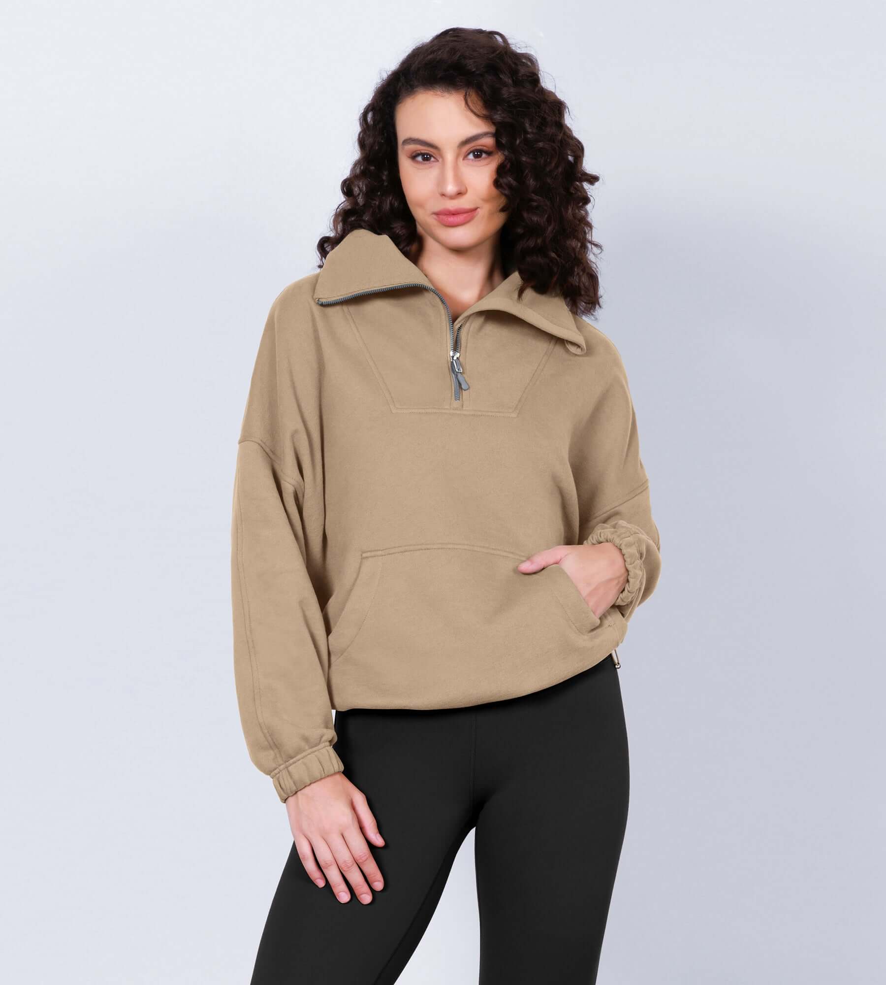 Funnel Neck Half Zipper Fleece Lined Hoodie Khaki - ododos