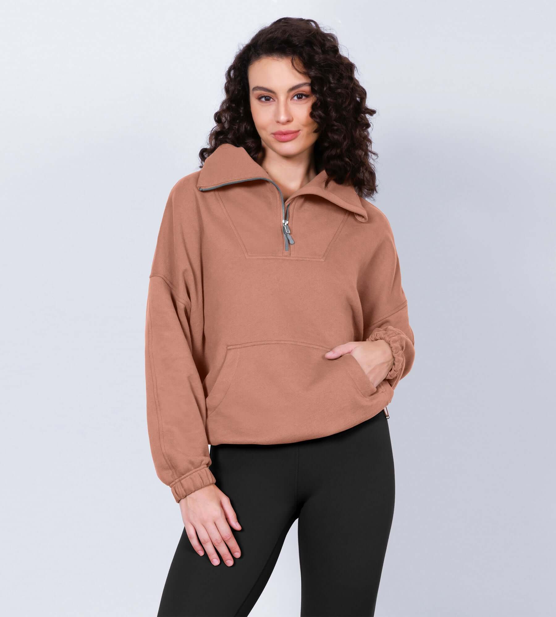 ODODOS Funnel Neck Half Zipper Fleece Lined Hoodie Medium Olive Xs